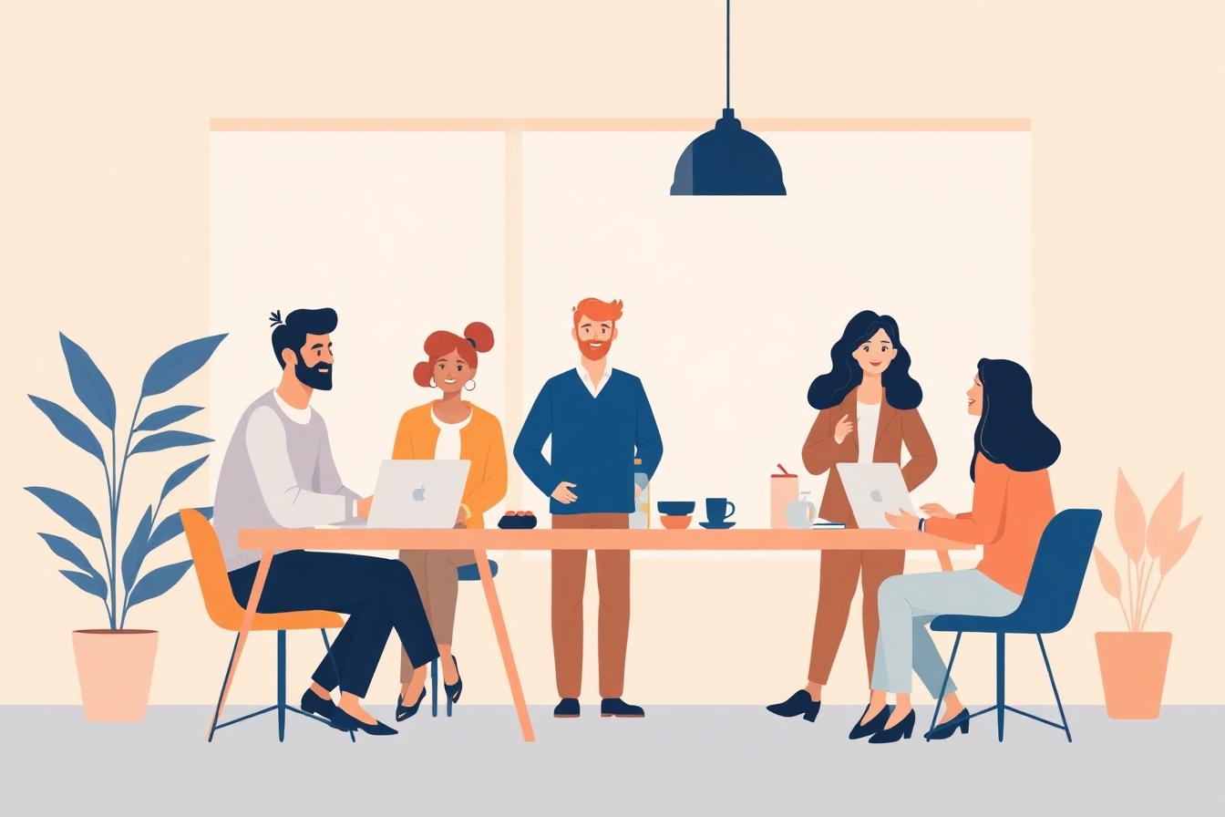 A friendly team collaborating in a bright modern workspace